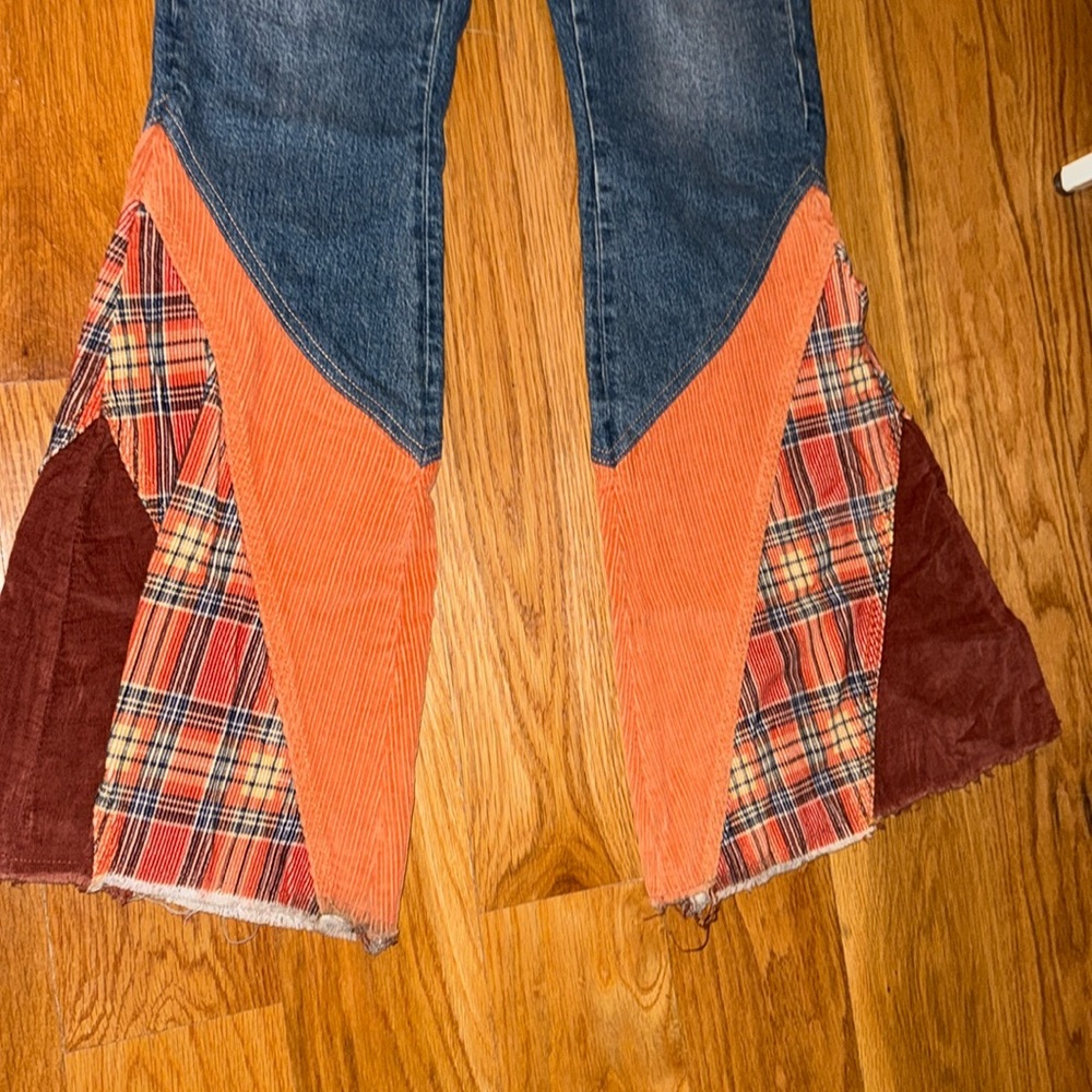 Free People Orange Plaid & Corduroy Flare Jeans